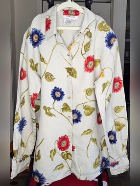 Talbots Cream Linen Button-Up with Red Floral Detail